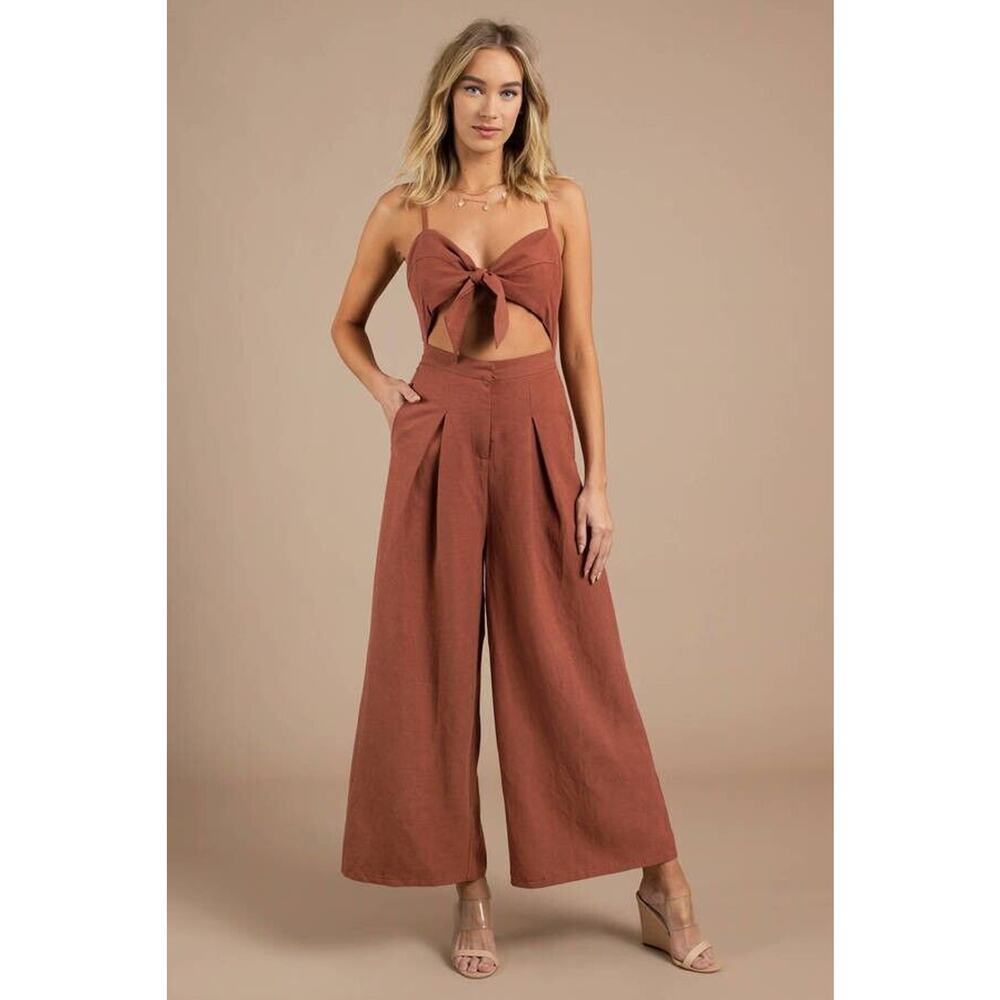 Six Crisp Days Womens Thithi Jumpsuit L Rust Cami Tie Top Wide Leg Cutout Waist